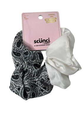 Scunci Scrunchies Black White Paisley Satin Hair Ties Women Ponytail Set